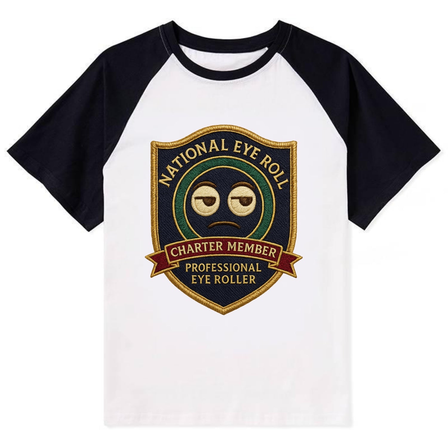 Crest with eye roll icon - "National Eye Roll Association - Charter - Contrast Raglan T-shirt - Black