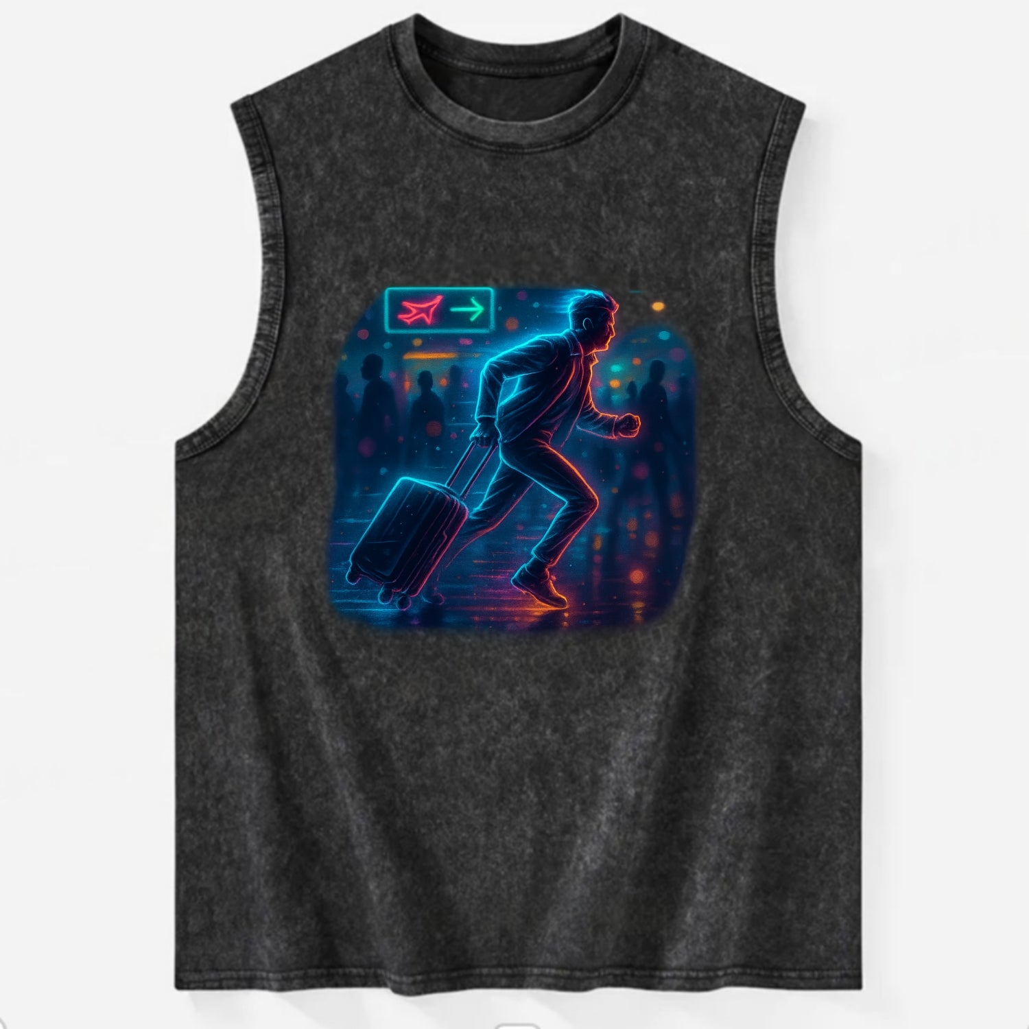 person running with luggage through crowded airport terminal - Vintage Washed Tank - Black
