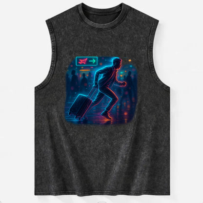 person running with luggage through crowded airport terminal - Vintage Washed Tank - Black