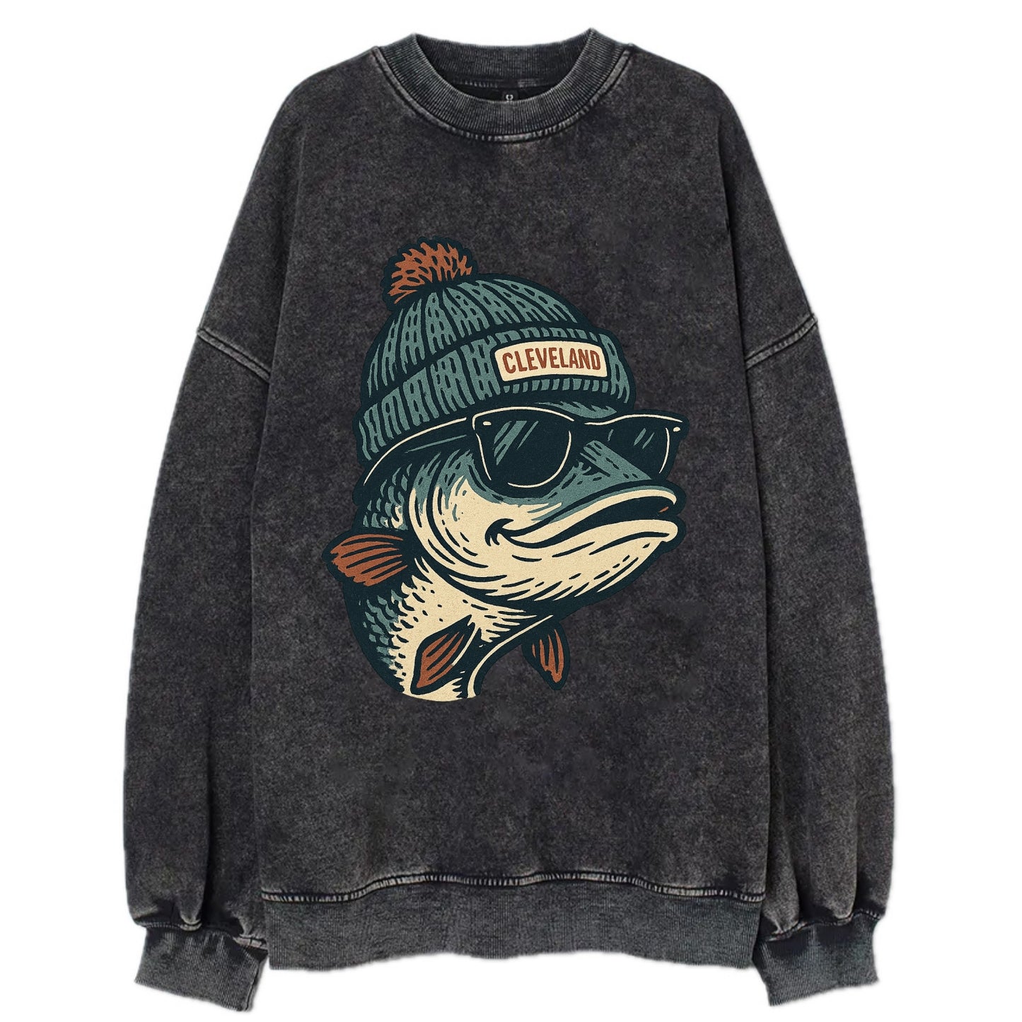 Cleveland Lake Erie Walleye wearing Cleveland beanie with pom pom and wayfarer - Vintage Sweatshirt - Black