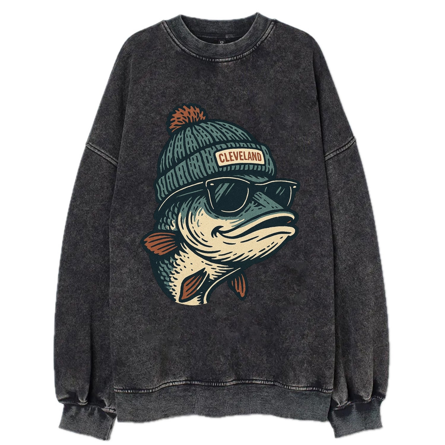 Cleveland Lake Erie Walleye wearing Cleveland beanie with pom pom and wayfarer - Vintage Sweatshirt - Black