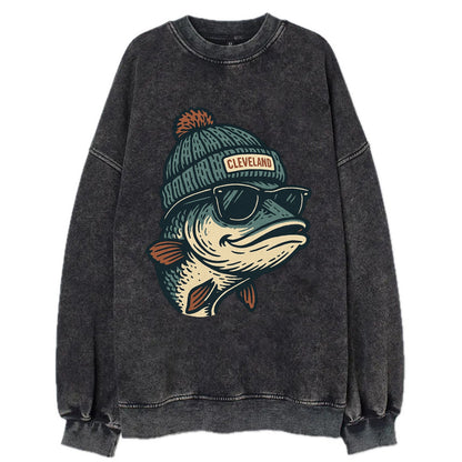 Cleveland Lake Erie Walleye wearing Cleveland beanie with pom pom and wayfarer - Vintage Sweatshirt - Black