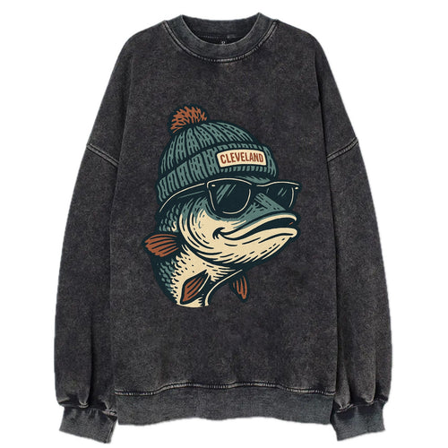 Cleveland Lake Erie Walleye wearing Cleveland beanie with pom pom and wayfarer - Vintage Sweatshirt