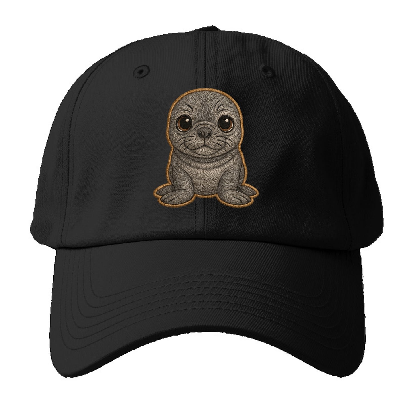 Baby Elephant Seal - gray wrinkly, tiny trunk nose, big dark eyes, front-facing, - Baseball Cap - Black