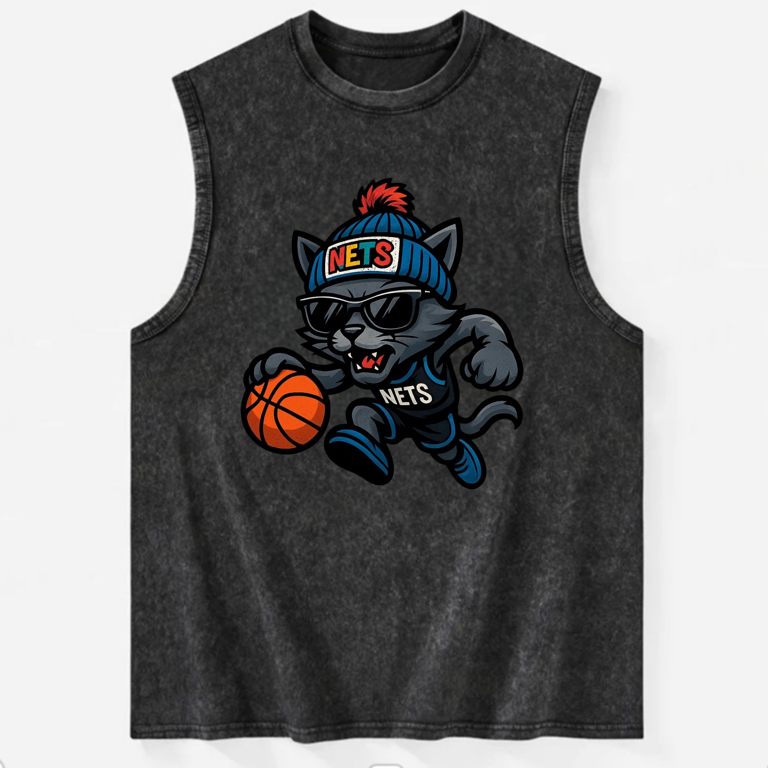 Brooklyn Cat wearing Nets beanie with street art patch and wayfarer sunglasses - Vintage Washed Tank - Black