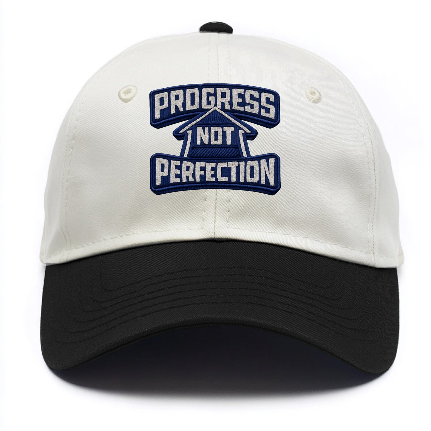 PROGRESS NOT PERFECTION - arrow with text in blue , growth mindset - Two Tone Cap - Black