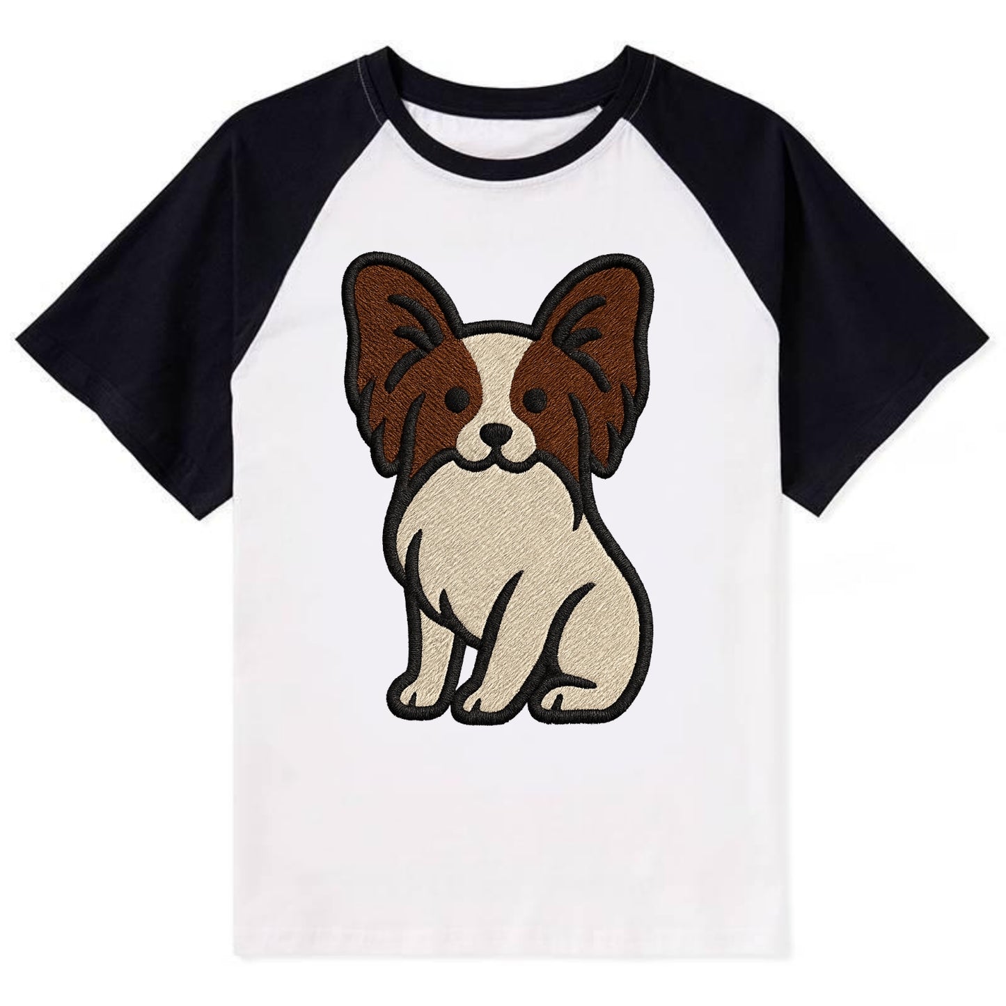 Papillon - White with brown ears sitting Contrast Raglan T-shirt - Black