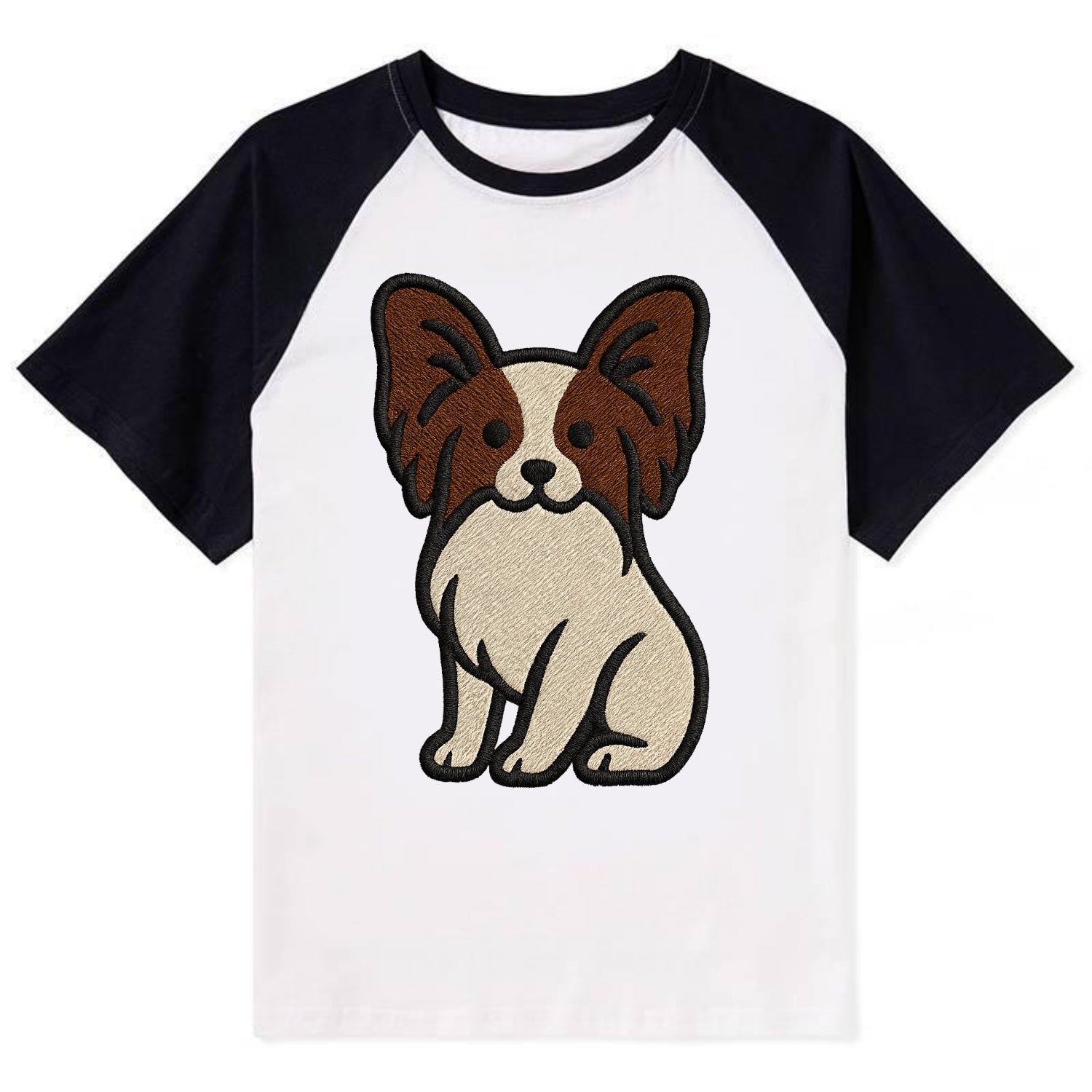 Papillon - White with brown ears sitting Contrast Raglan T-shirt - Black