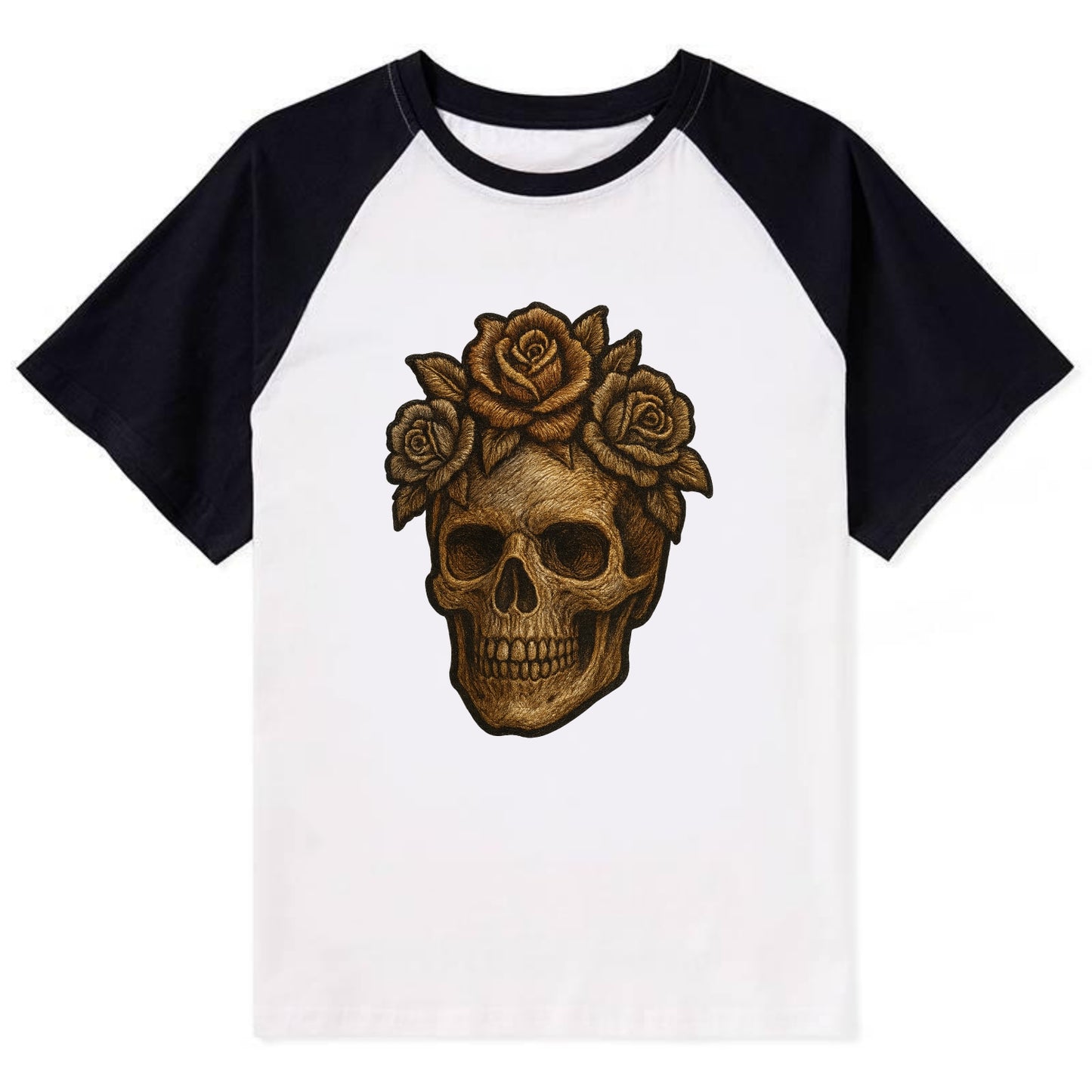 Skull and Roses  - Contrast Raglan T-shirt - Black