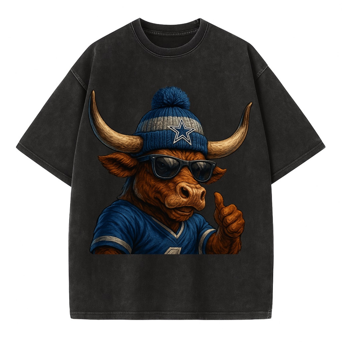 Texas Longhorn wearing Cowboys silver and blue beanie with star and wayfarer - Vintage T-shirt - Black