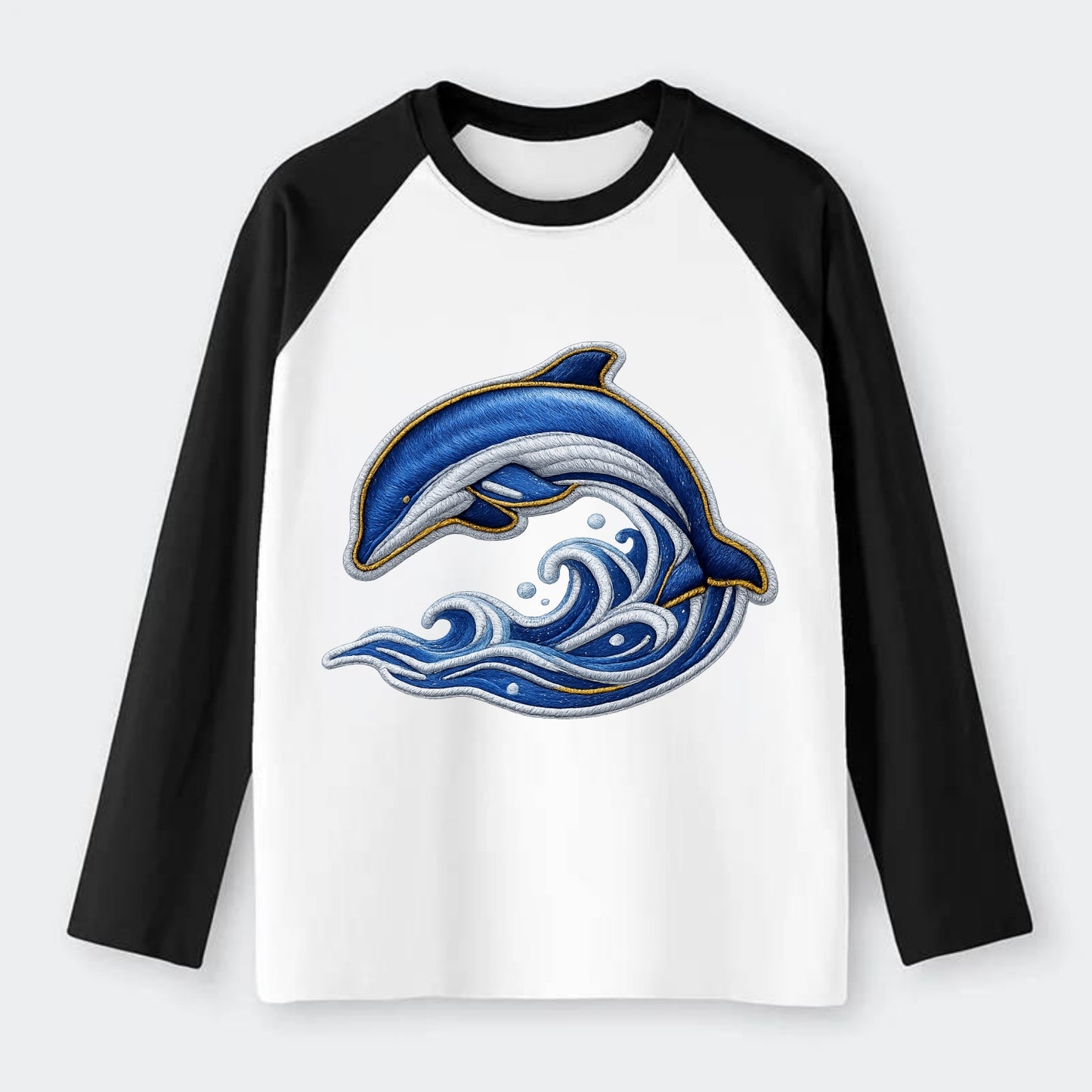 Embroidered patch design - SWIMMING DOLPHIN - diving dolphin with - Raglan Long Sleeve T-Shirt - Black