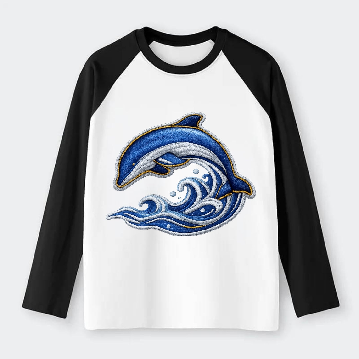 Embroidered patch design - SWIMMING DOLPHIN - diving dolphin with - Raglan Long Sleeve T-Shirt - Black