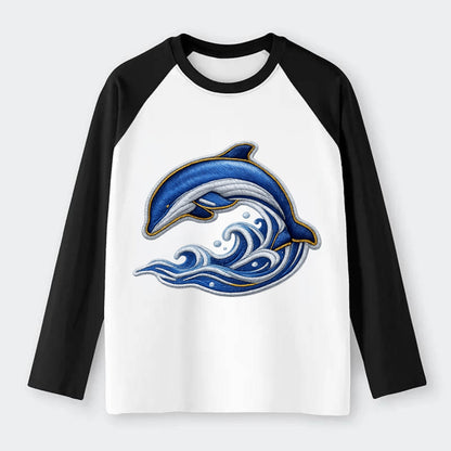 Embroidered patch design - SWIMMING DOLPHIN - diving dolphin with - Raglan Long Sleeve T-Shirt - Black