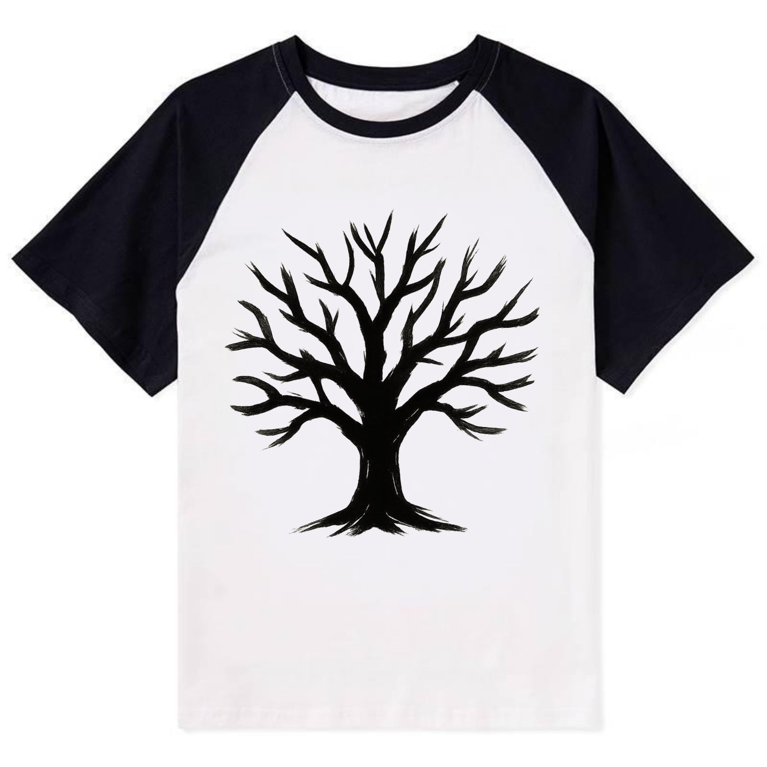 Tree with many branches - community strength ink art - Contrast Raglan T-shirt - Black