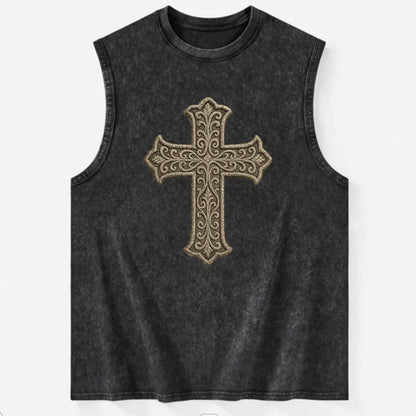 Filigree Cross  - Vintage Washed Tank - Black