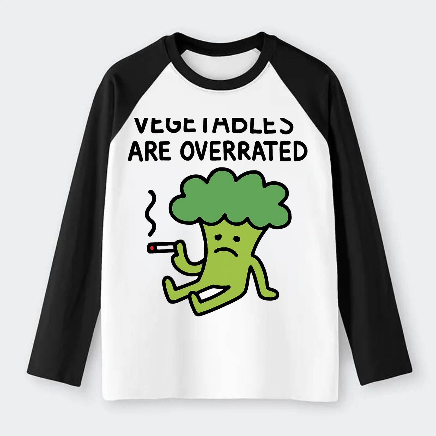 VEGETABLES ARE OVERRATED | Rebellious broccoli smoking - Raglan Long Sleeve T-Shirt - Black