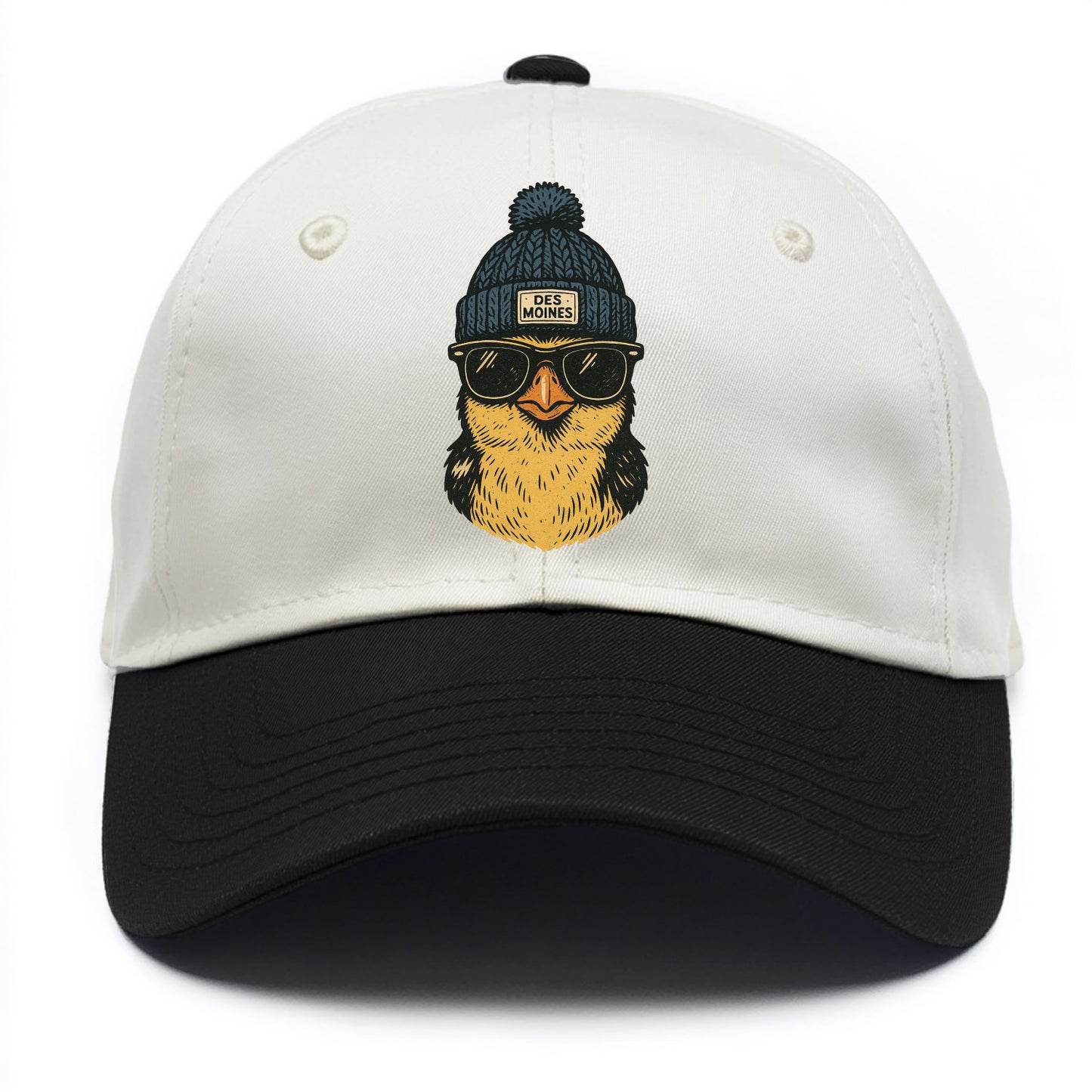 Iowa Goldfinch wearing Des Moines beanie with pom pom and wayfarer sunglasses - Two Tone Cap - Black