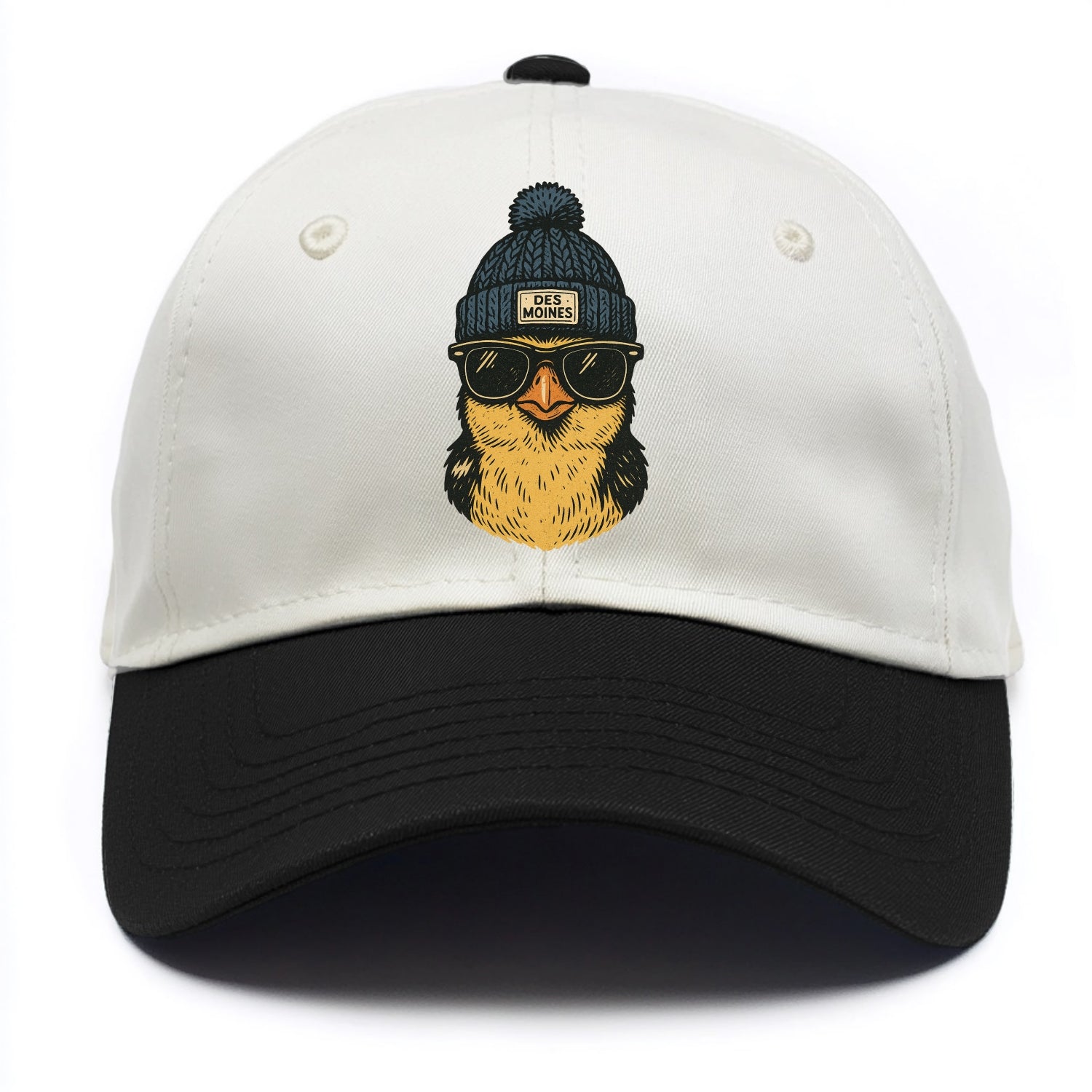 Iowa Goldfinch wearing Des Moines beanie with pom pom and wayfarer sunglasses - Two Tone Cap - Black