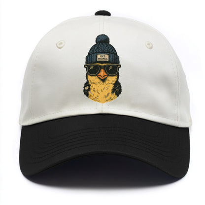 Iowa Goldfinch wearing Des Moines beanie with pom pom and wayfarer sunglasses - Two Tone Cap - Black