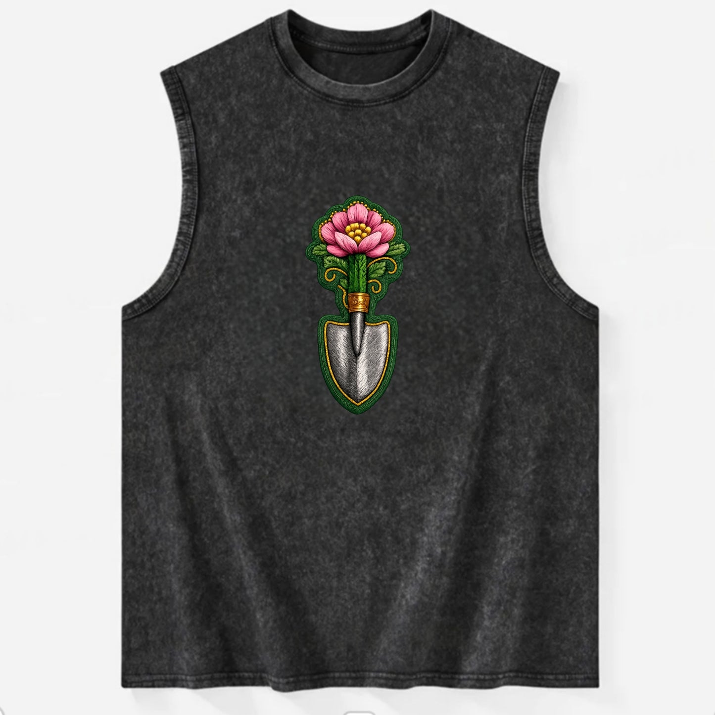 Embroidered patch design - GARDENING TROWEL FLOWER - garden tool with - Vintage Washed Tank - Black
