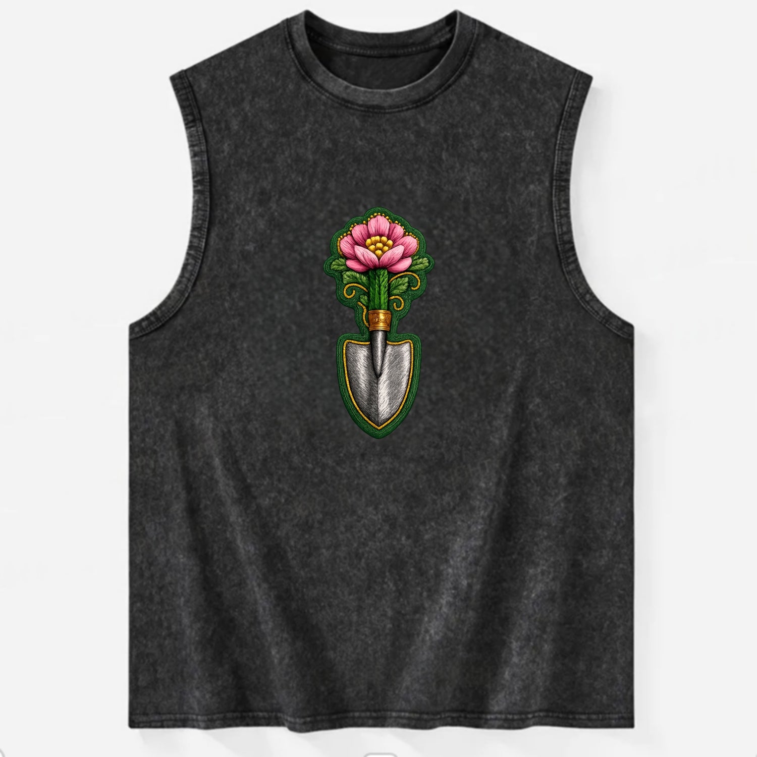 Embroidered patch design - GARDENING TROWEL FLOWER - garden tool with - Vintage Washed Tank - Black