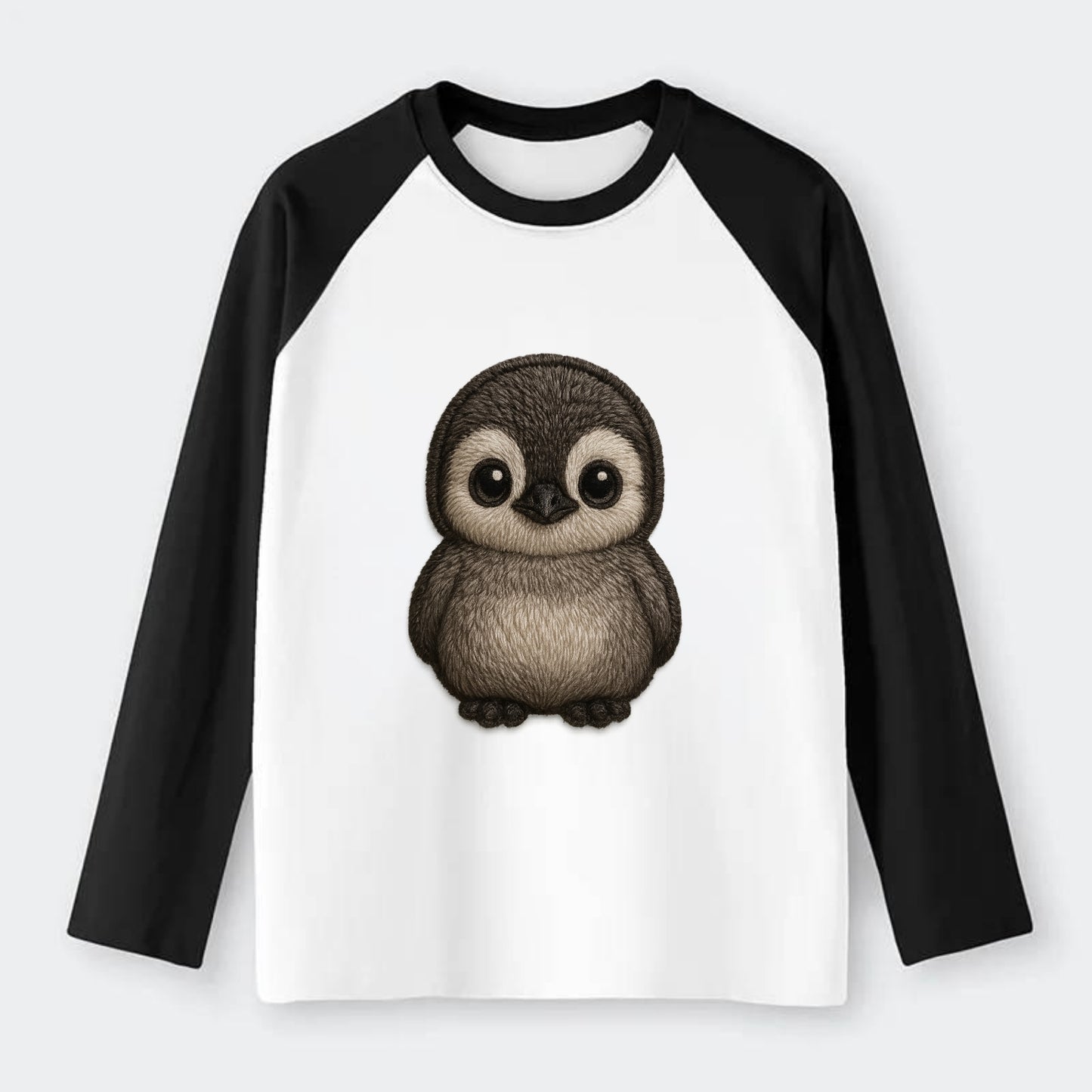 Baby Penguin Chick - gray fluffy, white face, round body, - Raglan Long Sleeve T-Shirt - Black