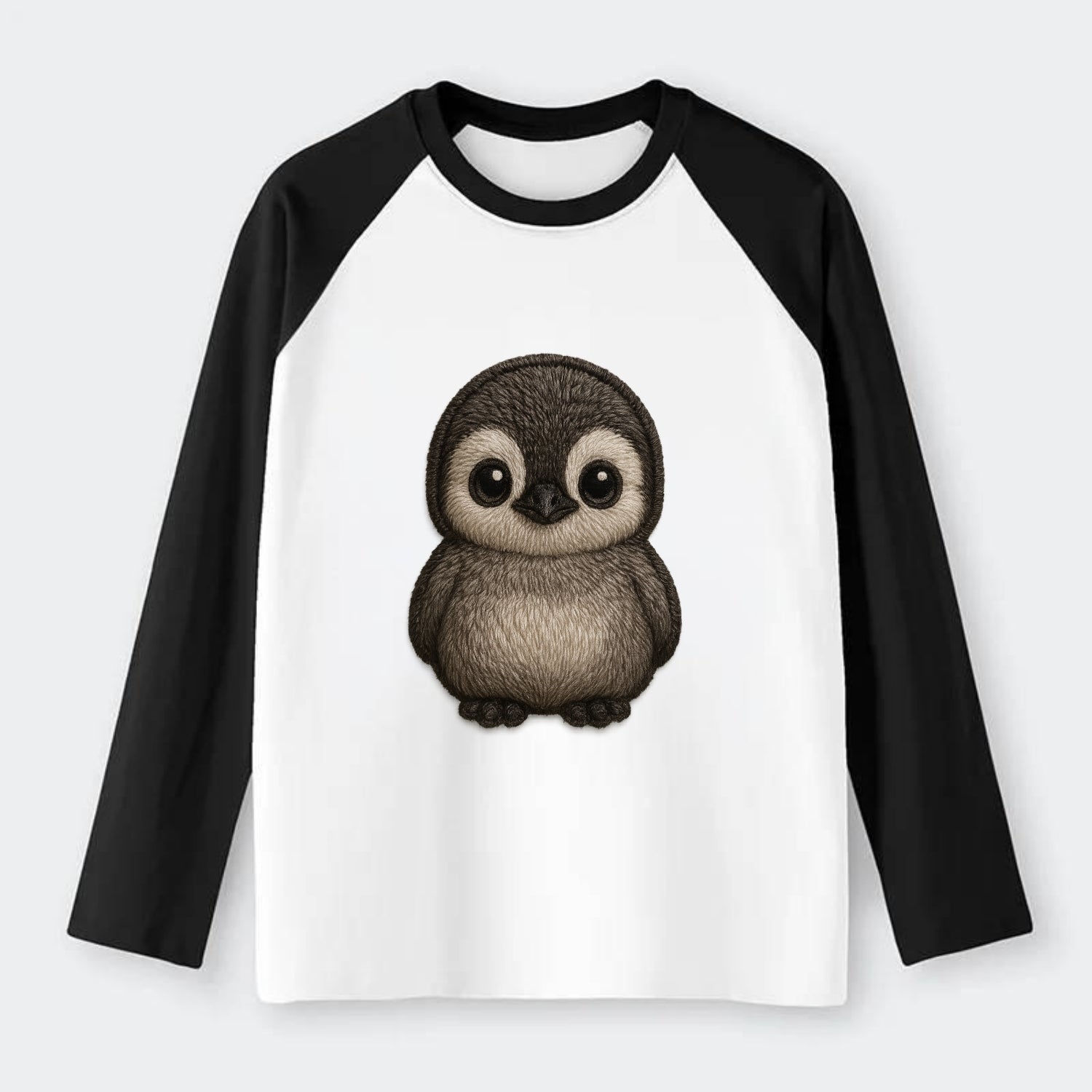 Baby Penguin Chick - gray fluffy, white face, round body, - Raglan Long Sleeve T-Shirt - Black