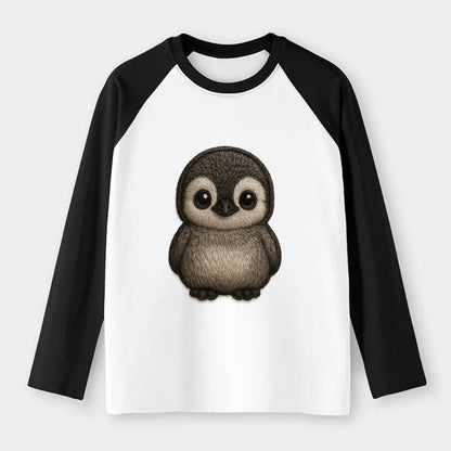 Baby Penguin Chick - gray fluffy, white face, round body, - Raglan Long Sleeve T-Shirt - Black