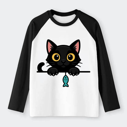 Midnight the black cat holding a tiny yarn ball between both paws - Raglan Long Sleeve T-Shirt - Black
