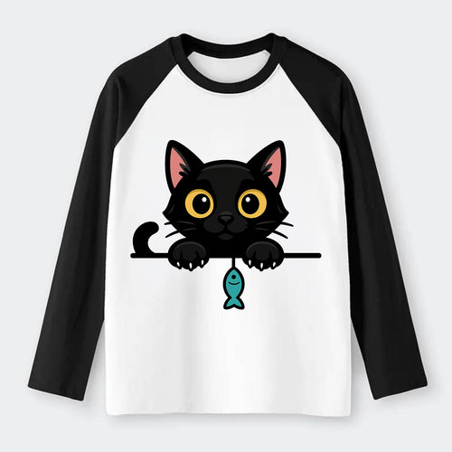 Midnight the black cat holding a tiny yarn ball between both paws - Raglan Long Sleeve T-Shirt