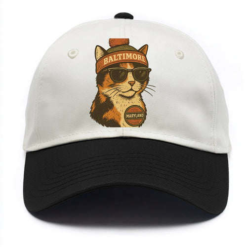 Maryland Calico Cat wearing Baltimore beanie with pom pom and wayfarer sunglasses - Two Tone Cap