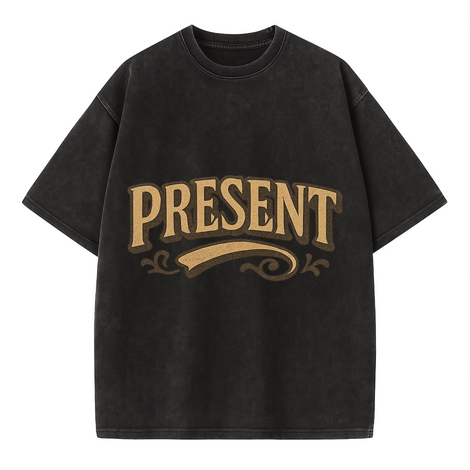 Bold typography design - "PRESENT" - living in the now - Vintage T-shirt - Black