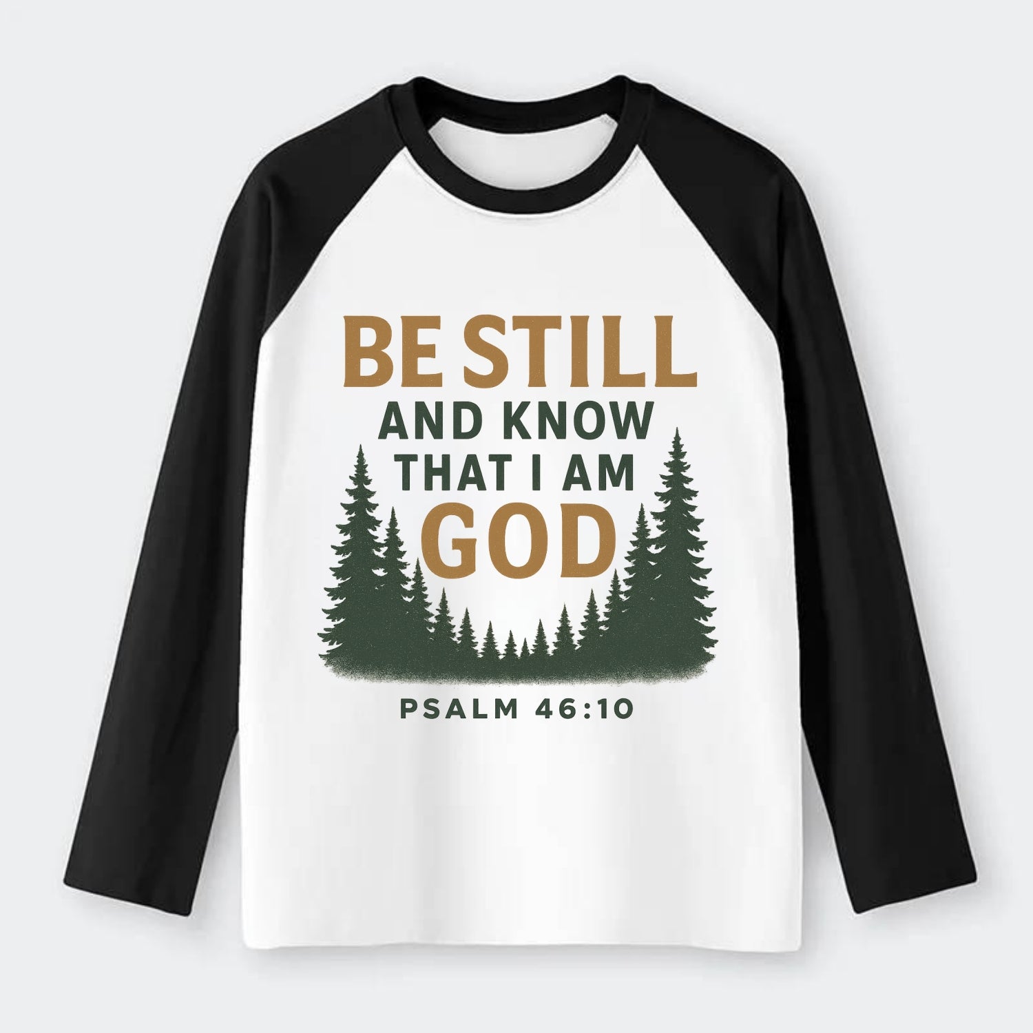 Psalm 46:10 Forest - Raglan Long Sleeve T-Shirt - Black