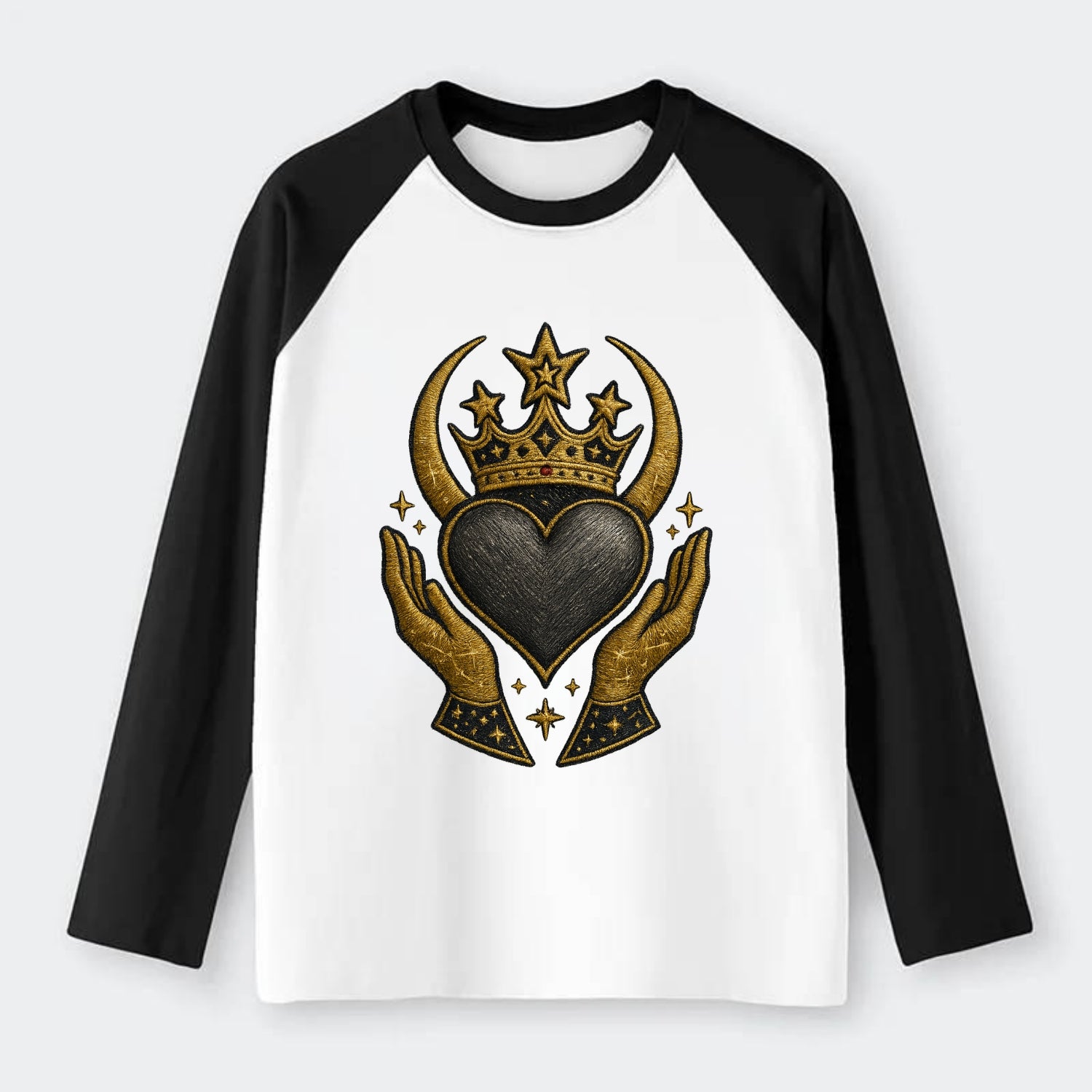 Celtic knot crown with woven strands merging into copper hands - Raglan Long Sleeve T-Shirt - Black