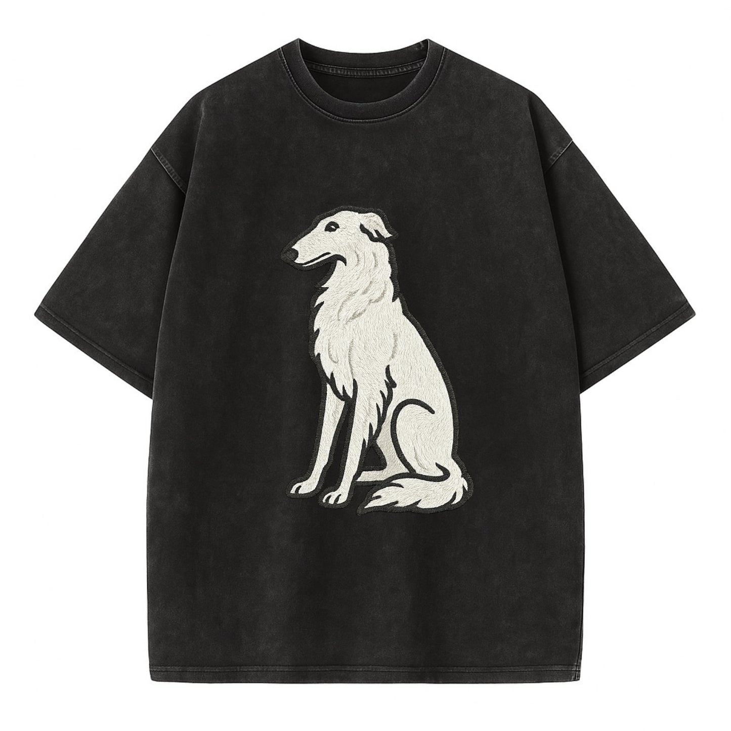 Borzoi - White embroidered sitting pose - Vintage T-shirt - Black