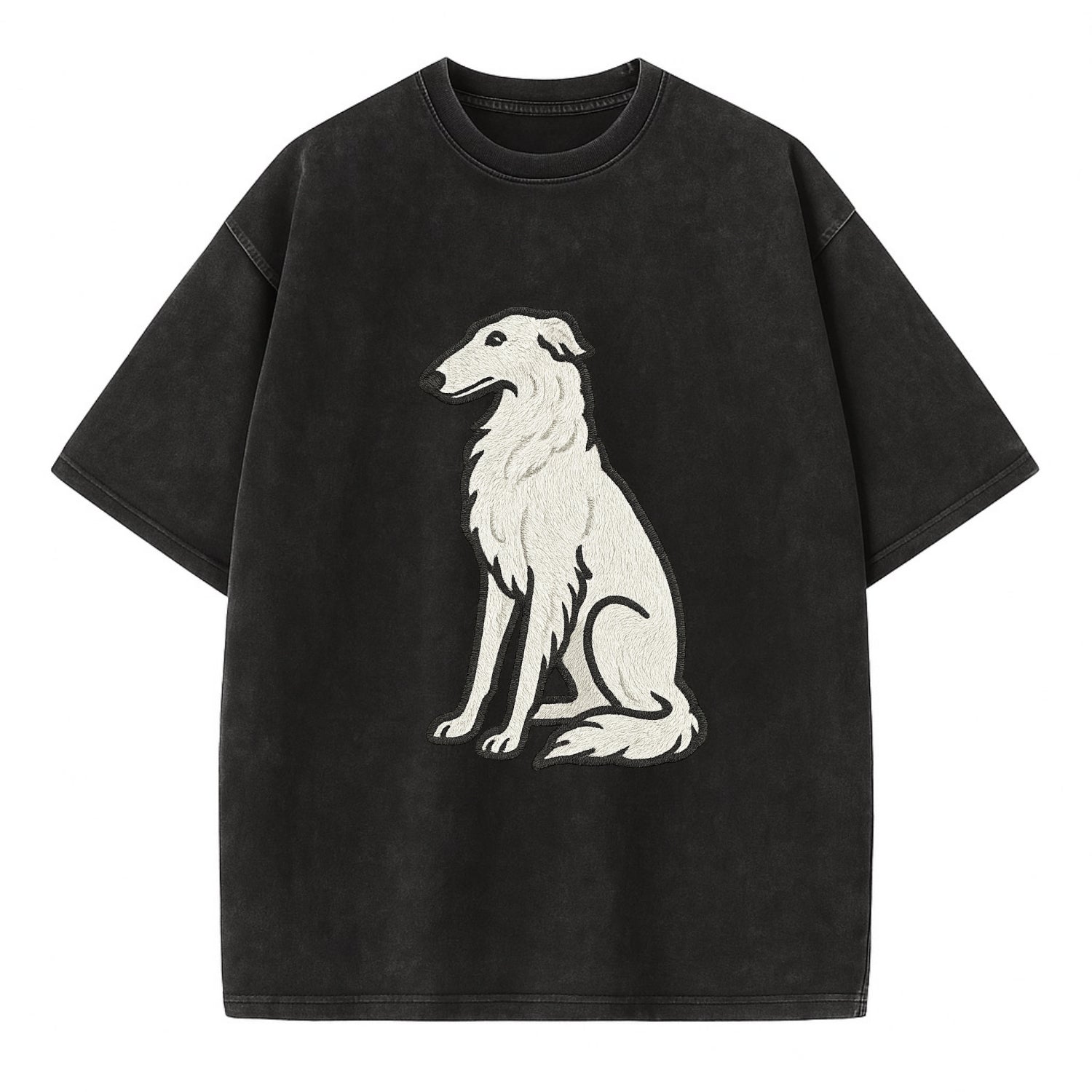 Borzoi - White embroidered sitting pose - Vintage T-shirt - Black