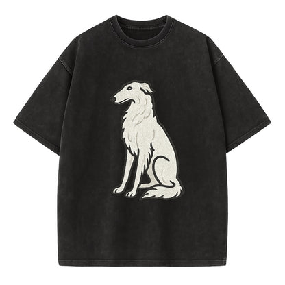 Borzoi - White embroidered sitting pose - Vintage T-shirt - Black