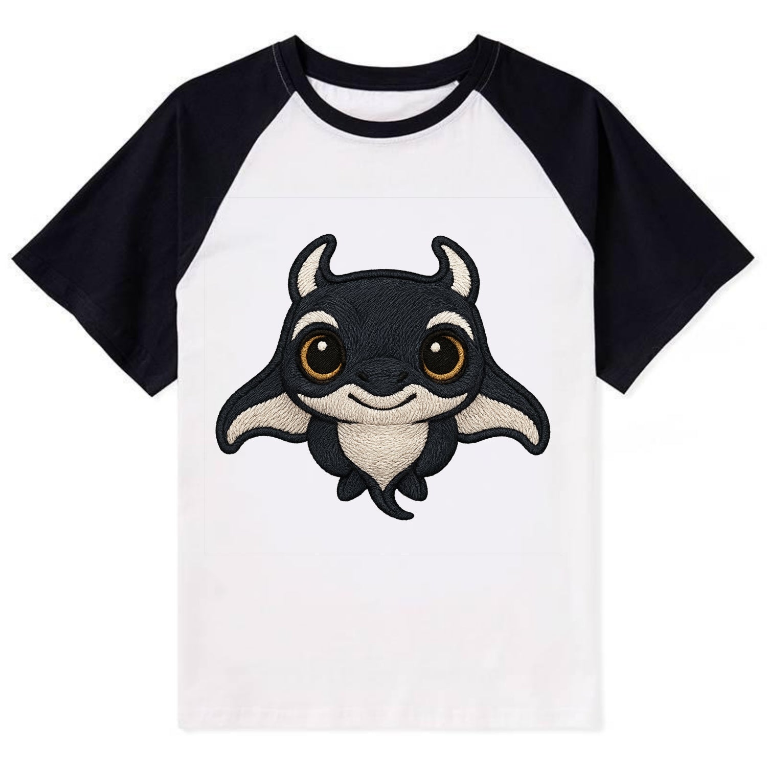 Baby Manta Ray - dark with white markings, cephalic fins, gentle eyes, - Contrast Raglan T-shirt - Black