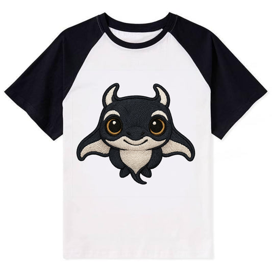 Baby Manta Ray - dark with white markings, cephalic fins, gentle eyes, - Contrast Raglan T-shirt - Black