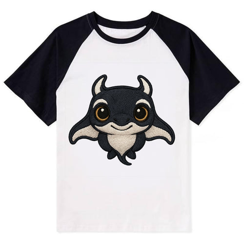 Baby Manta Ray - dark with white markings, cephalic fins, gentle eyes, - Contrast Raglan T-shirt