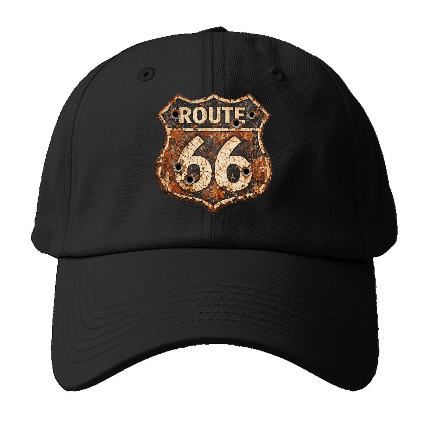 WEATHERED MARKER | Rust-aged Route 66 sign | Desert sun-bleached | Bullet holes - Baseball Cap - Black