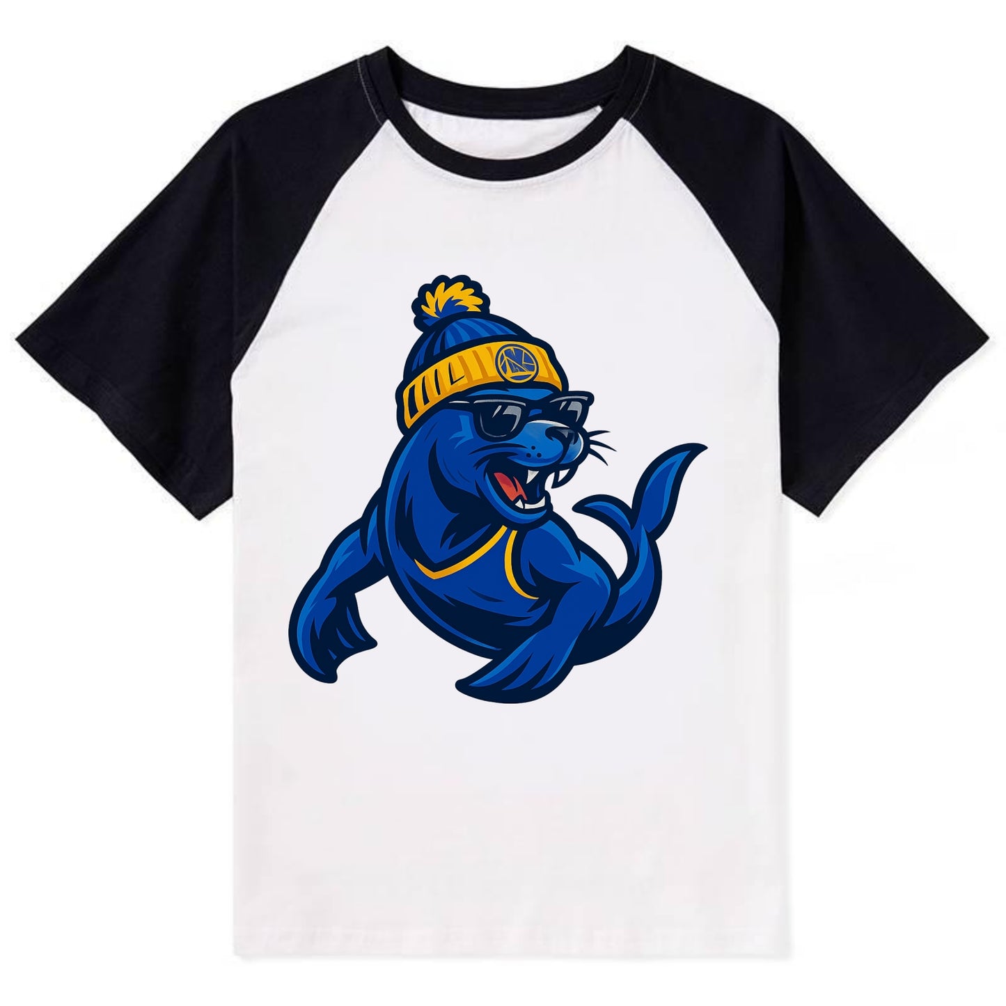 Bay Area Sea Lion wearing Warriors blue and gold beanie with Golden Gate - Contrast Raglan T-shirt - Black