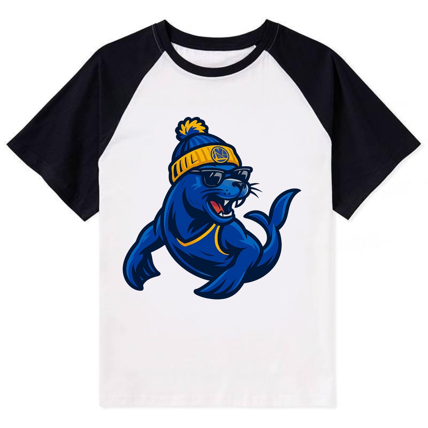 Bay Area Sea Lion wearing Warriors blue and gold beanie with Golden Gate - Contrast Raglan T-shirt - Black
