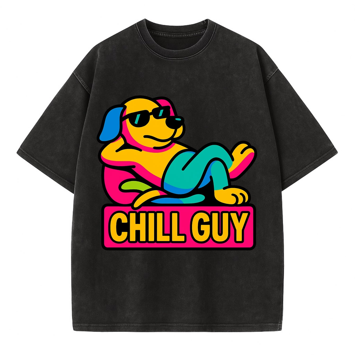Super relaxed dog character lounging unbothered - "Chill Guy" meme energy, laid - Vintage T-shirt - Black