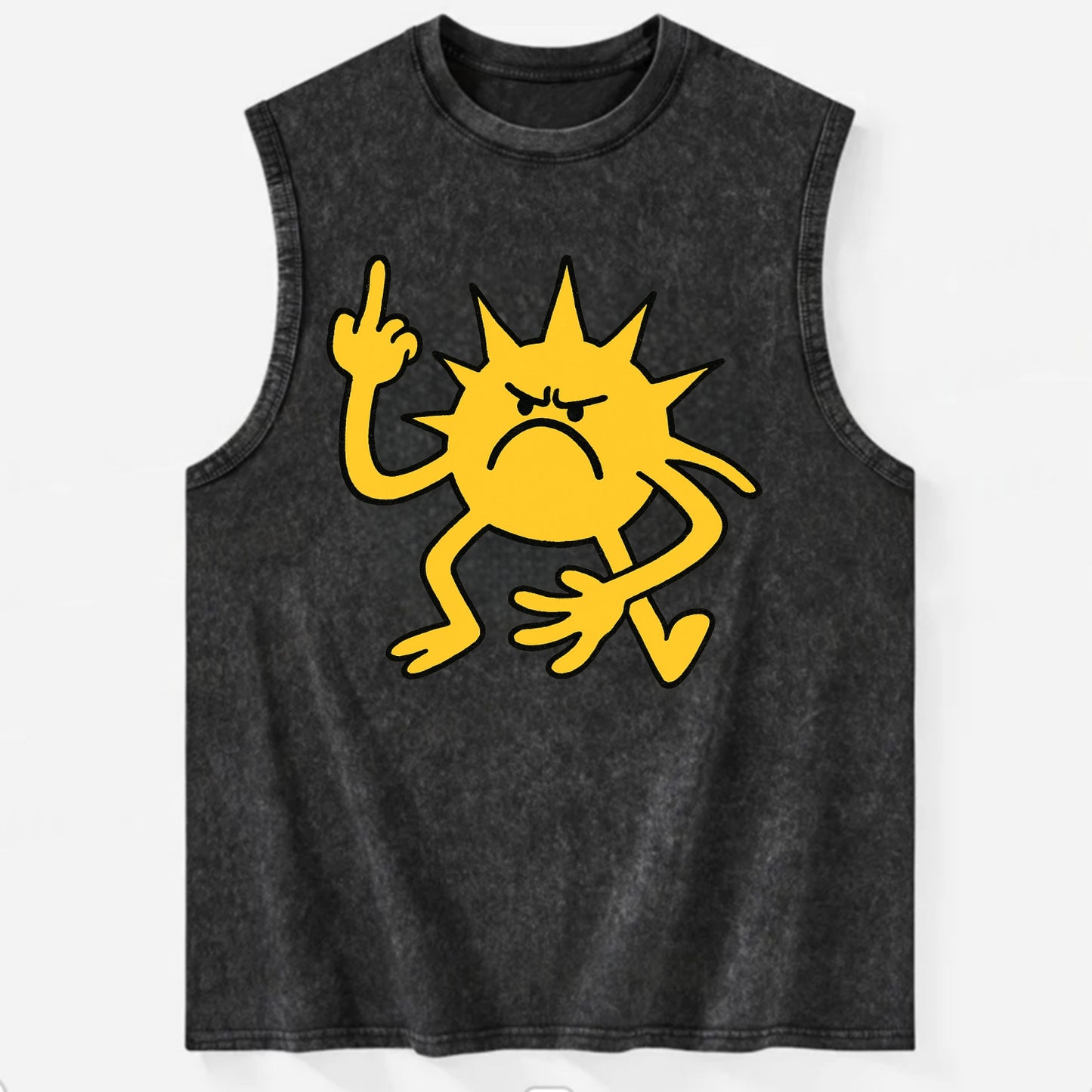 MORNINGS ARE PUNISHMENT | Grumpy sun with middle finger - Vintage Washed Tank - Black