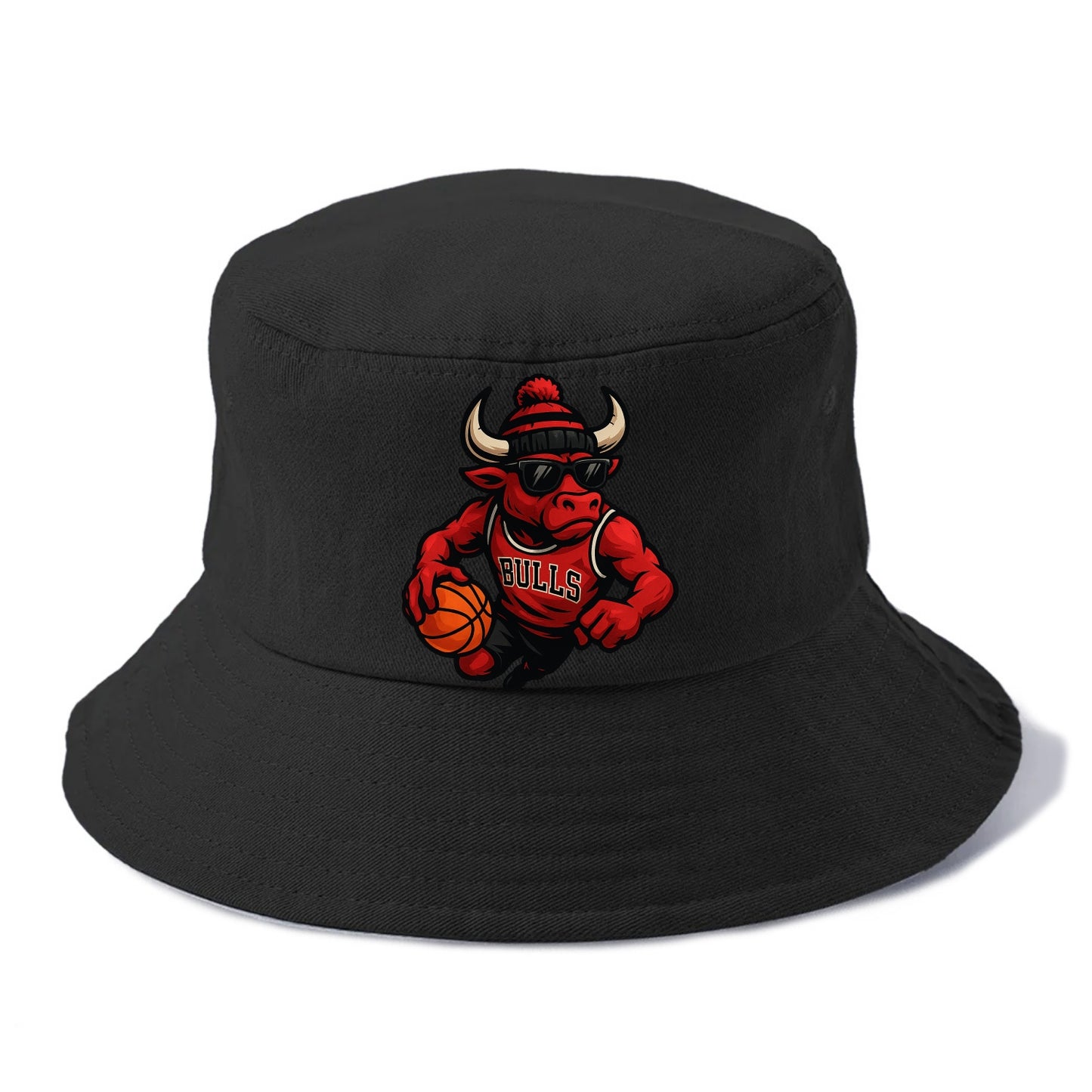 Chicago Bull wearing Bulls red and black beanie with horns design and wayfarer - Bucket Hat - Black
