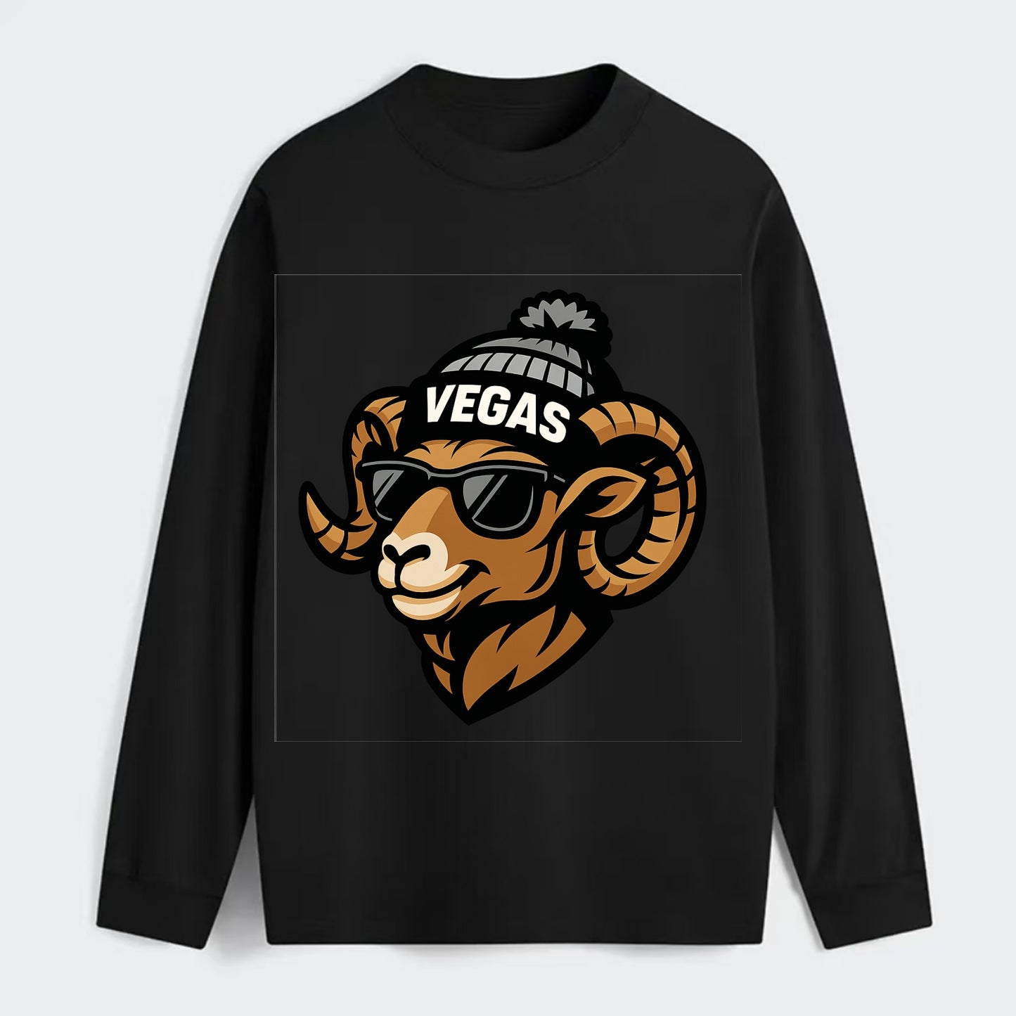 Vegas Desert Bighorn wearing Raiders silver and black beanie with pom - Classic Long Sleeve Shirt - Black