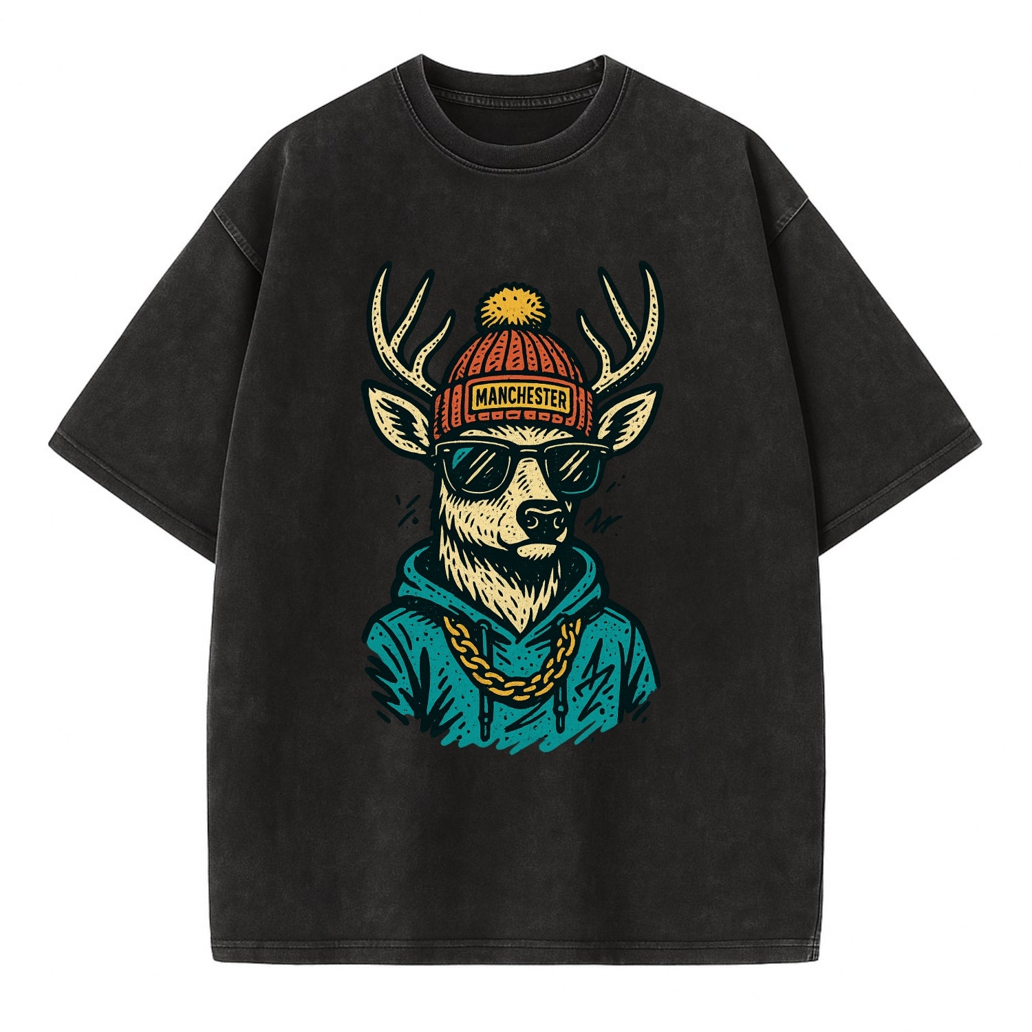 New Hampshire White-tailed Deer wearing Manchester beanie with pom pom and - Vintage T-shirt - Black
