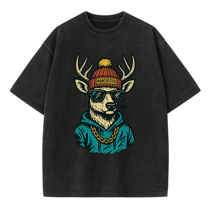 New Hampshire White-tailed Deer wearing Manchester beanie with pom pom and - Vintage T-shirt - Black