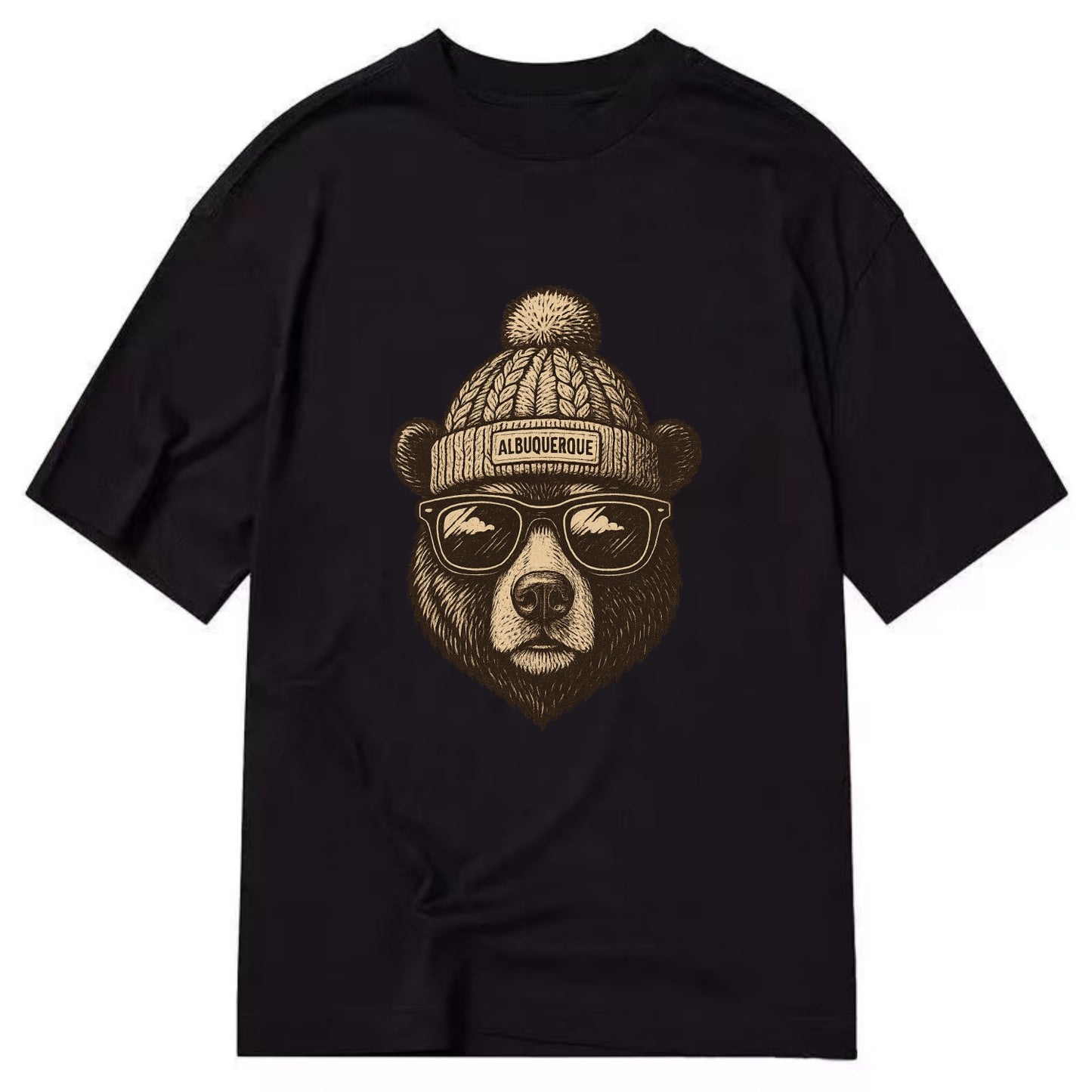 New Mexico Black Bear wearing Albuquerque beanie with pom pom and wayfarer - Classic T-shirt - Black